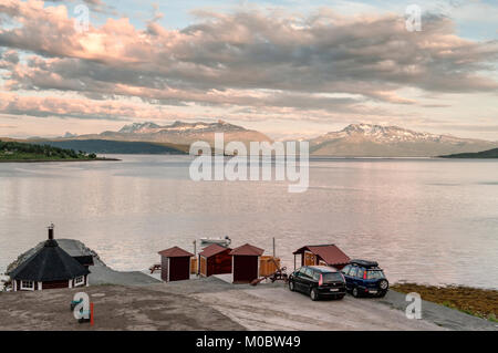 View from Bjerkvik during a Nordic summer night towards Ofotfjord and Narvik. This fjord was the scene for several naval battles during World War II. Stock Photo