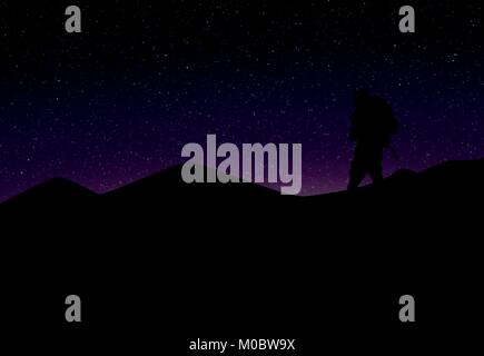 Vector Illustration: Silhouette of Mountaineer in front of Violet Starry Sky. Stock Vector