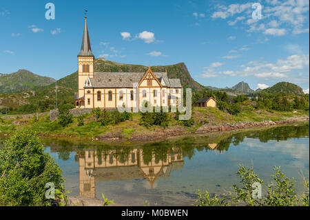 Vågan church near Kabelvåg in Lofoten is often called the Lofoten cathedral. It is the largest wooden building in northern Norway. Stock Photo