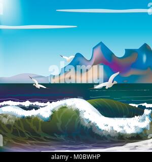 sea with waves and mountains Stock Vector