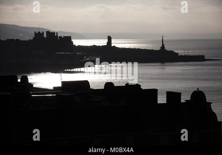 Town of Aberystwyth, Wales. Elevated silhouetted view of Aberystwyth, viewed from Constitution Hill. Stock Photo