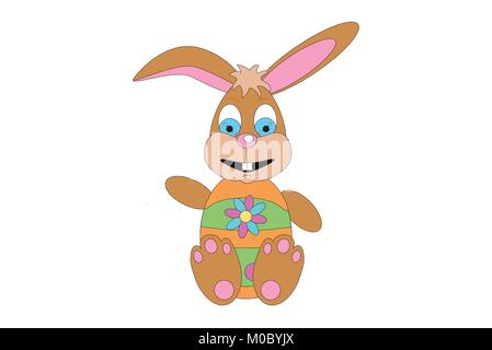 Illustration of sitting easter bunny boy with striped colourful egg with flower on it as body, vector of comic-style easter bunny child Stock Vector