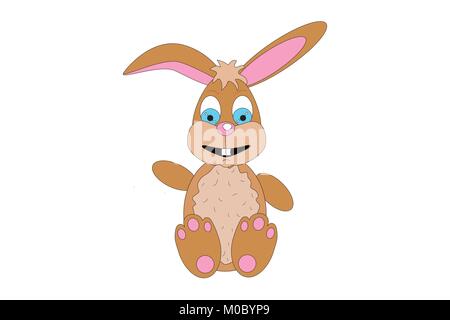 Illustration of fluffy, friendly smiling easter bunny, vector of sitting happy laughing rabbit waving at viewer/ cute cuddle bunny in comic-style Stock Vector
