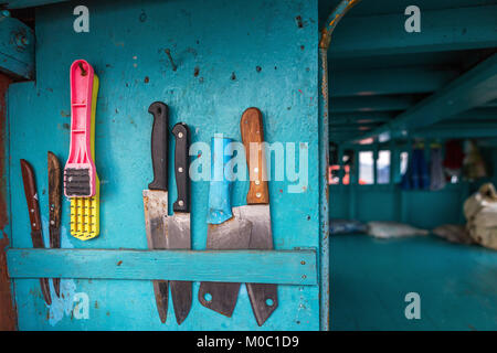 easy kitchen design with kitchenware on the boat Stock Photo