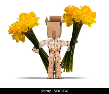 Box character holding large bunches of daffodils. Cut yellow flowers and a cute character made from boxes on a white background Stock Photo