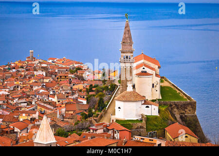 Town of Piran on Adriatic sea historic landmarks and rooftops view, Slovenia