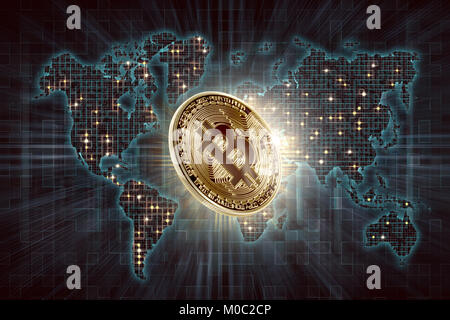 Gold bitcoin and digital world map background. Cryptocurrency image concept Stock Photo