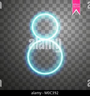 Alphabets Number 8 eight of blue neon on transparent background. Illustration vector Stock Vector