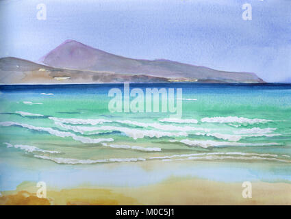 Watercolor sea view with Fuerteventura island in the background Stock Photo