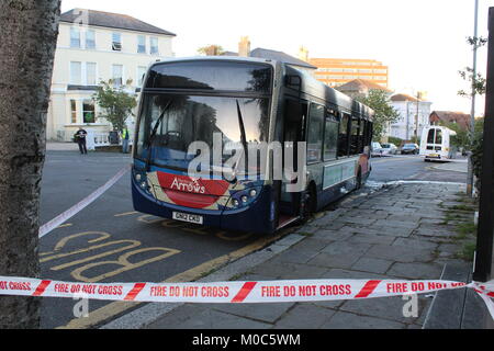 AN ALEXANDER DENNIS ADL ENVIRO 200 BUS BURNT OUT AFTER A FIRE IN THE ENGINE COMPARTMENT Stock Photo