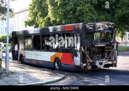 AN ALEXANDER DENNIS ADL ENVIRO 200 BUS BURNT OUT AFTER A FIRE IN THE ENGINE COMPARTMENT Stock Photo