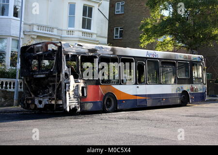 AN ALEXANDER DENNIS ADL ENVIRO 200 BUS BURNT OUT AFTER A FIRE IN THE ENGINE COMPARTMENT Stock Photo