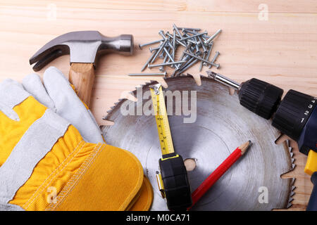 Tools on a wooden surface Stock Photo