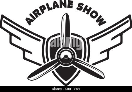 Airplane show. Retro airplane propeller on winged emblem. Design element for logo, label, emblem, sign. Vector illustration Stock Vector