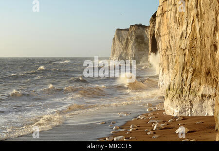 Stormy seas batter the white cliffs at Newhaven Stock Photo