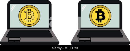 Two laptops PC with symbol of bitcoin cryptocurrency in the screen, one in black and the other in yellow. Concept of digital or virtual currency. Stock Vector