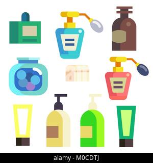 A set of bottles and tubes of cosmetics, jars for skin care with face, hair  and body cream. Trendy style for postcard, banner, wrapping paper template.  Vector illustration. 5295191 Vector Art at