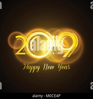 Happy New Year 2019 Greeting Card - Golden Shiny Numbers on Dark Background | EPS10 Vector Illustration Design Stock Vector
