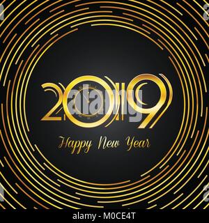 Happy New Year 2019 Greeting Card - Golden Numbers on Dark Background with Round Lines Design | EPS10 Vector Illustration Stock Vector