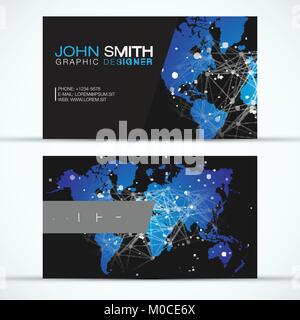 Elegant Modern Business Card Set - Blue World Map with White Abstract Polygon Mesh on Black Background -  EPS10 Vector Design Stock Vector