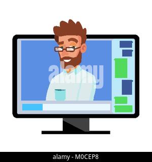 Online Video Conference Vector. Man And Chat. Director Communicates With Staff. Webinar. Business Meeting, Consultation, Seminar, Online Training Conc Stock Vector