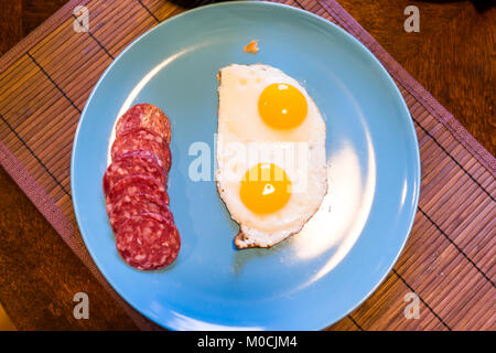 Closeup flat top view down of two fried eggs on large blue plate with cured meat hard salami slices Stock Photo