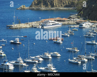 Many boats are moored in the port of Avalon Bay on Catalina Island, Channel Islands, California, USA. Stock Photo