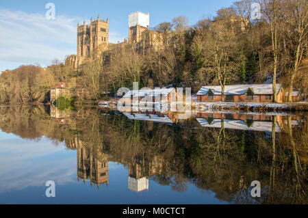Durham Cathedral reflected in River Wear in winter Stock Photo