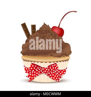 Cupcake with chocolate cream, with a cherry on top and chunks of chocolate , vector illustration. Drawing of dessert isolated on white Stock Vector
