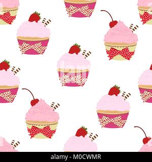 Cupcake seamless pattern, vector background. Cakes with pink fruit cream, with a cherry and strawberries on top on a white backdrop. Painted dessert f Stock Vector