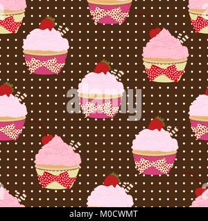 Cupcake seamless pattern, vector background. Cakes with pink fruit cream, with a cherry on top and waffles on a brown backdrop with polka dots. Painte Stock Vector