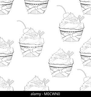 Cupcake seamless pattern, vector outline illustration, coloring, contour black and white drawing. Cakes with cream and with a cherry on top on a white Stock Vector
