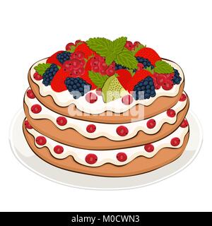 Pie with cream and berries, vector drawing, painted dessert. Layer cake with strawberry, blackberry, currant and kiwi fruit on the plate isolated on w Stock Vector