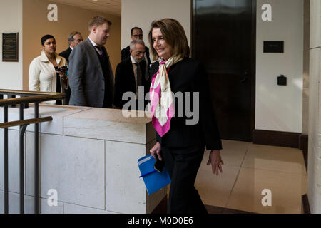 Washington, USA. 20th Jan, 2018. United States House Minority Leader Nancy Pelosi (Democrat of California) walks to a Democratic Caucus meeting at the United States Capitol on the first morning of a government shutdown as congress looks to end the political deadlock and fund the government on January 20th, 2018 in Washington, DC Credit: Alex Edelman/CNP /MediaPunch Credit: MediaPunch Inc/Alamy Live News Stock Photo