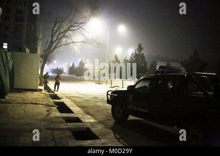 Kabul, Afghanistan. 20th Jan, 2018. Security personnel cordon off the street near Kabul's Intercontinental Hotel in Kabul, Afghanistan, on Jan. 20, 2018. Casualties were feared as gunmen attacked a major hotel frequented by foreigners and senior officials in Kabul, Afghanistan on Saturday night, witnesses and local media said. Credit: Rahmat Alizadah/Xinhua/Alamy Live News Stock Photo