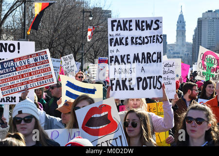 Philadelphia, Pennsylvania, USA. 20th Jan, 2018. Thousands of Women and Men marched down Philadelphia's famous Ben Franklin Parkway in protest of President Trump and his administration. The crowd was estimated to be larger than last year's women's march. Credit: Ricky Fitchett/ZUMA Wire/Alamy Live News Stock Photo