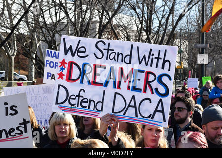 Philadelphia, Pennsylvania, USA. 20th Jan, 2018. Thousands of Women and Men marched down Philadelphia's famous Ben Franklin Parkway in protest of President Trump and his administration. The crowd was estimated to be larger than last year's women's march. Credit: Ricky Fitchett/ZUMA Wire/Alamy Live News Stock Photo