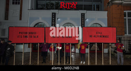 London, UK. 20th Jan, 2018. In the long running industrial dispute, striking staff at the Ritzy cinema, members of the BECTU union, protest with supporters as part of their campaign to get the London living wage. The cinema is owned by Cineworld Cinemas group which made profits of £83 million last year. Credit: David Rowe/Alamy Live News Stock Photo