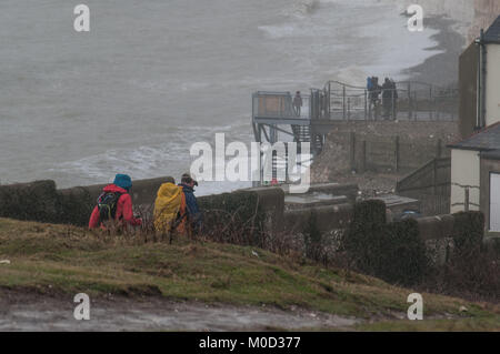 Birling Gap, East Sussex, UK.. 20 January 2018..A dull misty day with frequent showers did not deter visitors to the South Coast beauty spot. New National Trust beach access steps are now in use.. Stock Photo