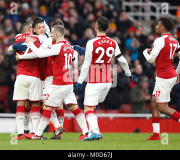 London, UK. 20th Jan, 2018. Players of Arsenal celebrate during the English Premier League football match between Arsenal and Crystal Palace at the Emirates Stadium in London, Britain on Jan. 20, 2018. Arsenal won 4-1. Credit: Han Yan/Xinhua/Alamy Live News Stock Photo