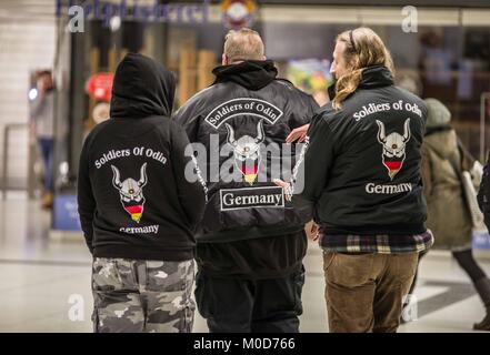 Munich, Bavaria, Germany. 21st Jan, 2018. Just days after the Munich police announced that the right-extremist, anti-immigrant vigilante group the 'Soldiers of Odin'' should count on being 'intensively checked'' if seen patrolling, they resurfaced in Munich, this time with their 'Vize-Leader'' (mixture of German and English) JÃ¼rgen GrÃ¶bel. The police went further to mention that they would also be verified if they are violating Bavaria's assembly laws, particularly in acting as a policing/vigilante group. Credit: ZUMA Press, Inc./Alamy Live News Stock Photo