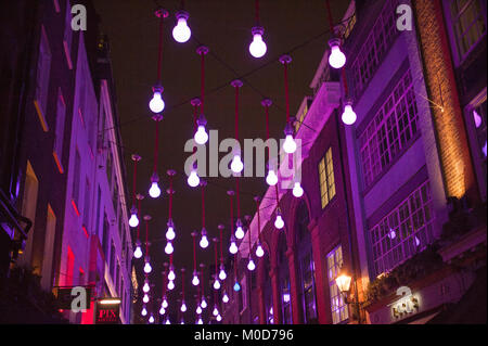 London, UK. 20th Jan, 2018. Plug and Bulbs, by James Glancy Design, brightens up Ganton Street, just off Carnaby Street, London.  Plug and Bulbs is part of Lumiere London 2018. The city-wide light festival organised by The Mayor of London and Artichoke is expected to draw up to 1.25 million visitors over its four-day run 18th-21st January in London, UK. 20th January 2018. Credit: Antony Nettle/Alamy Live News Stock Photo