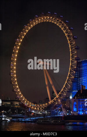 London, UK. 20th Jan, 2018. Coca-Cola London Eye lit up for Lumiere London 2018. The city-wide light festival organised by The Mayor of London and Artichoke is expected to draw up to 1.25 million visitors over its four-day run 18th-21st January in London, UK. 20th January 2018. Credit: Antony Nettle/Alamy Live News Stock Photo