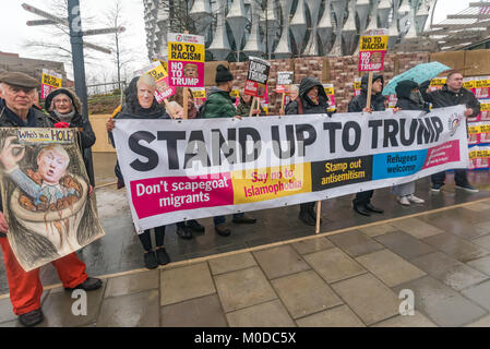 London, UK. 20th Jan, 2018. London, UK. 20th January 2018. Stand Up to Racism's protest, the first outside the new US Embassy in Nine Elms, Credit: ZUMA Press, Inc./Alamy Live News Stock Photo