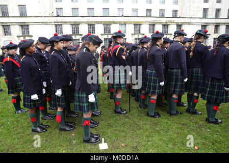 Student members of the Pipes and Drums band from Gordon's school in Surrey gather at the statue of General Gordon of Khartoum in Whitehall Gardens, London, to commemorate his death. Stock Photo