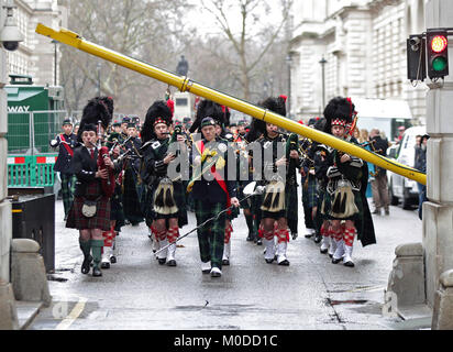 Student members of the Pipes and Drums band from Gordon's school in Surrey during their annual parade along Whitehall, London, to the statue of General Gordon of Khartoum for a memorial service to commemorate his death. Stock Photo