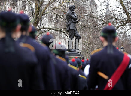 Student members of the Pipes and Drums band from Gordon's school in Surrey gather at the statue of General Gordon of Khartoum in Whitehall Gardens, London, during their annual memorial service to commemorate his death. Stock Photo