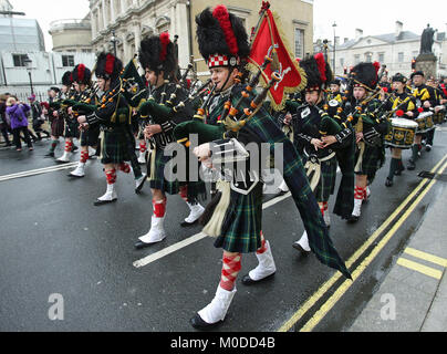 Student members of the Pipes and Drums band from Gordon's school in Surrey during their annual parade along Whitehall, London, to the statue of General Gordon of Khartoum for a memorial service to commemorate his death. Stock Photo