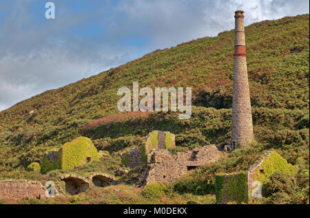 Ruins of a tin mine in the valley at Kenidjack, Cornwall, England, UK. Stock Photo