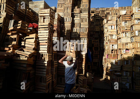 20/January/2018 View of the wooden boxes called 'huacales' at the 'Central de Abasto' market in Mexico Cit. Roughly 35 percent of the flowers, fruits  Stock Photo